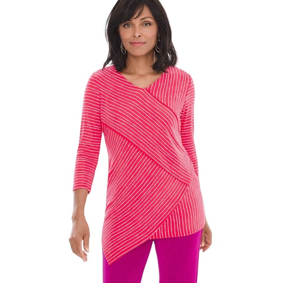 Chico’s Travelers Women’s Size‎ Medium Asymmetrical Striped Tunic Blouse Top - Picture 2 of 8